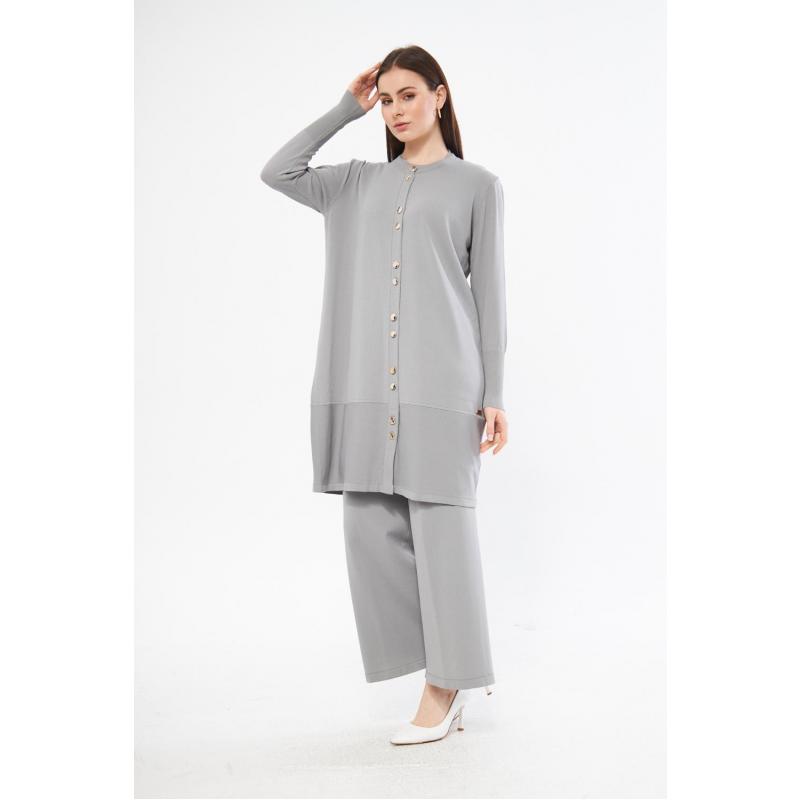 RAYON COLD YARN MERCERIZED CARDIGAN TROUSERS SUIT GRAY