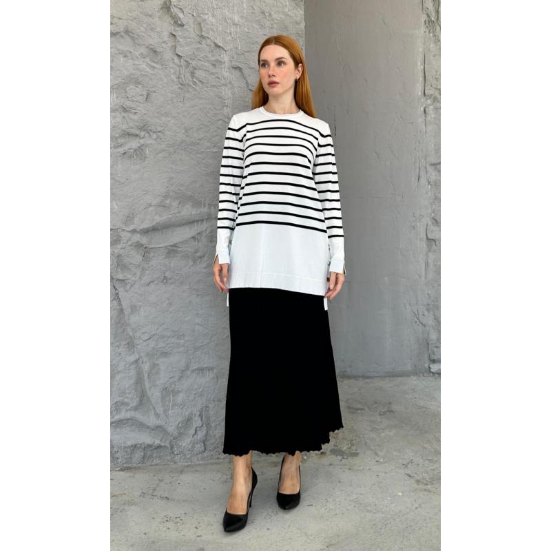 RAYON COLD YARN STRIPED ASMINE SET WHITE-BLACK