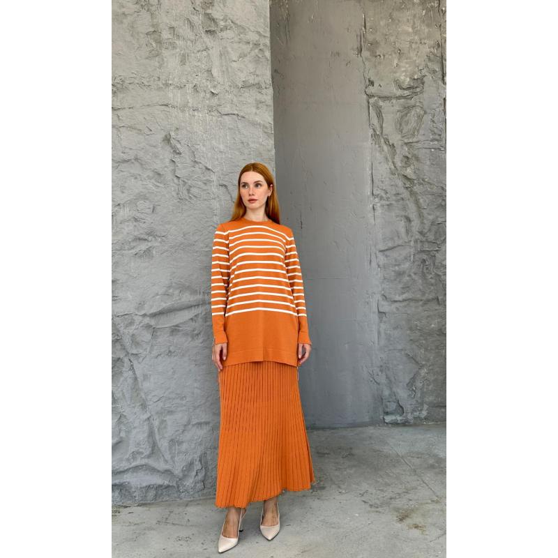 RAYON COLD YARN STRIPED ASMINE SET ORANGE-WHITE