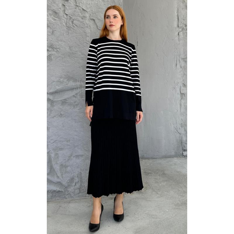 RAYON COLD YARN STRIPED ASMINE SET BLACK-WHITE