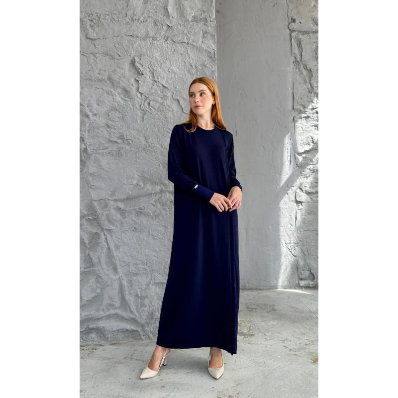 RAYON SOĞUK İPLİK SİM ELBİSE LACİVERT